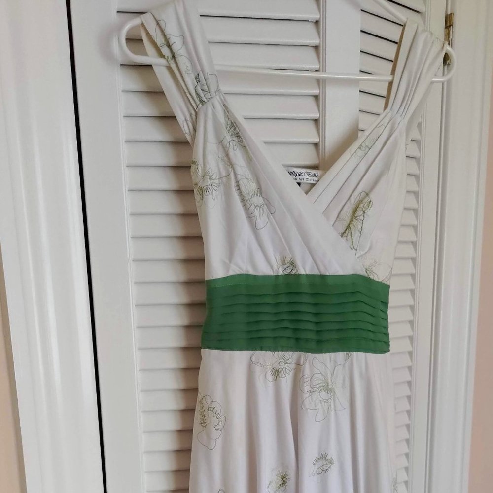 White Dress with Green Sash - Size Small